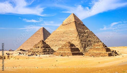 Ancient pyramids under a vibrant sky