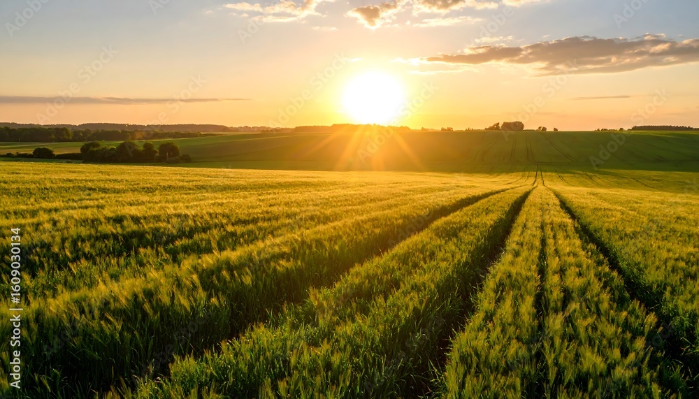 Fototapeta premium Golden sunset over a vibrant wheat field