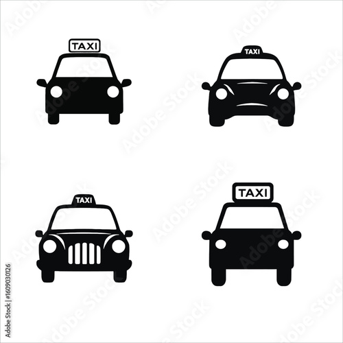 Taxi silhouette set, four-icon vector pack, front-view black cab designs with varied grilles and signage