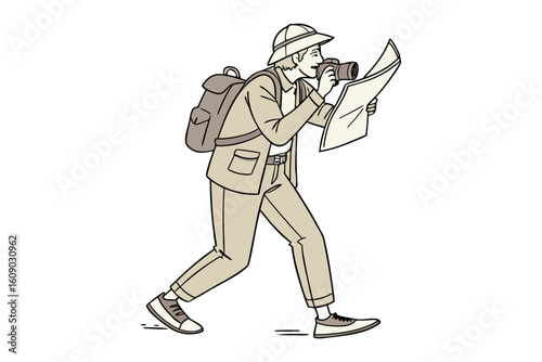 Adventurous explorer with backpack and camera navigates terrain using a detailed map