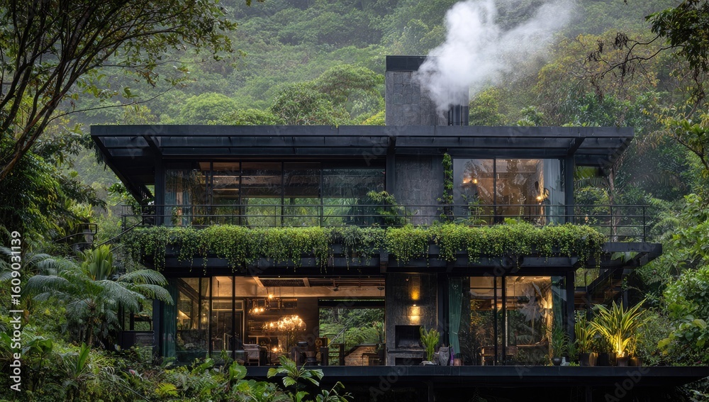 Fototapeta premium Modern, minimalist house nestled in lush jungle