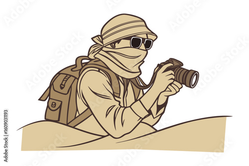 Adventurous photographer capturing desert landscapes while wearing protective headgear and sunglasses