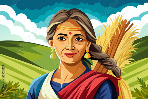 Around the view of the mature village woman, a fully vector of clothed sari-clad woman looks at the camera carrying dry grass on her head, a beautiful image of a hardworking and intelligent woman.