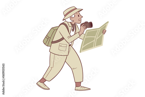 Elderly adventurer explores the world with map and camera embracing a life of discovery and travel