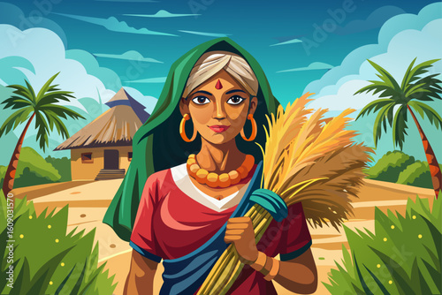 Around the view of the mature village woman, a fully vector of clothed sari-clad woman looks at the camera carrying dry grass on her head, a beautiful image of a hardworking and intelligent woman.