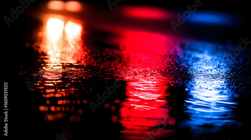 Glowing red and blue reflections on wet asphalt at night, evoking a cinematic urban atmosphere.