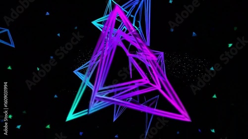 Abstract neon geometric triangles floating against a dark background, creating a futuristic and energetic visual