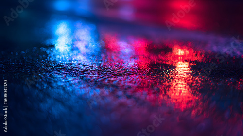 Glowing red and blue reflections on wet asphalt at night, evoking a cinematic urban atmosphere.