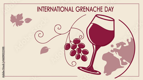 International Grenache Day Vector Art – Elegant Wine Glass with Ruby Grenache & Global Vineyard Map – Sophisticated Wine Celebration