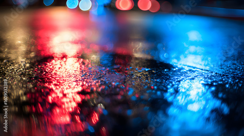 Glowing red and blue reflections on wet asphalt at night, evoking a cinematic urban atmosphere.