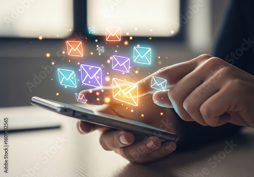 Hands Sending Digital Emails from Smartphone with Glowing Effect