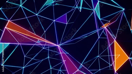 A futuristic network of interconnected lines and geometric shapes with glowing dots and colorful triangles against a dark background.