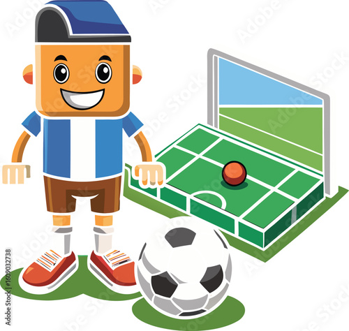 Cartoon Soccer Player with Ball and Goal on Transparent Background