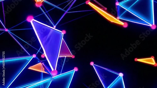 Abstract digital 3D rendering of interconnected neon triangles on black background, showcasing the network's complexity.