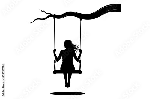 Silhouette of a woman sitting on a swing hanging from a tree branch in a black and white illustration
