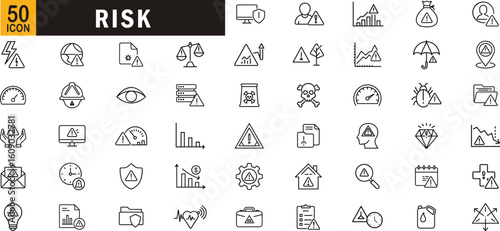 Risk editable outline icon set. Warning, alert, danger, safety, compliance, security and more.

