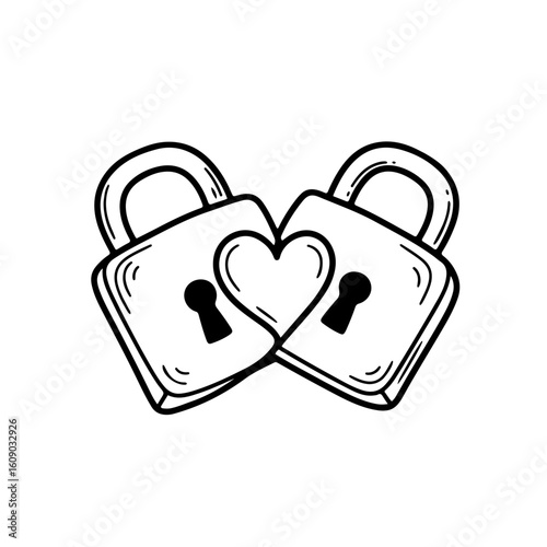 Simple doodle-style line art of two padlocks slightly tilted toward each other, their shapes forming a heart in the middle. Imperfect, childlike black lines