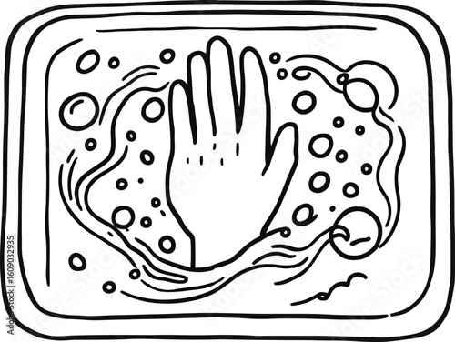 Handwashing Illustration – Black and White Vector Featuring Submerged Hand with Bubbles and Fluid Motion