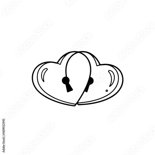 Line art of two heart-shaped padlocks leaning against each other, symbolizing unity and love. Cute and simple black lines on white background.