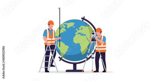 Surveyors Working with Globe and Surveying Equipment