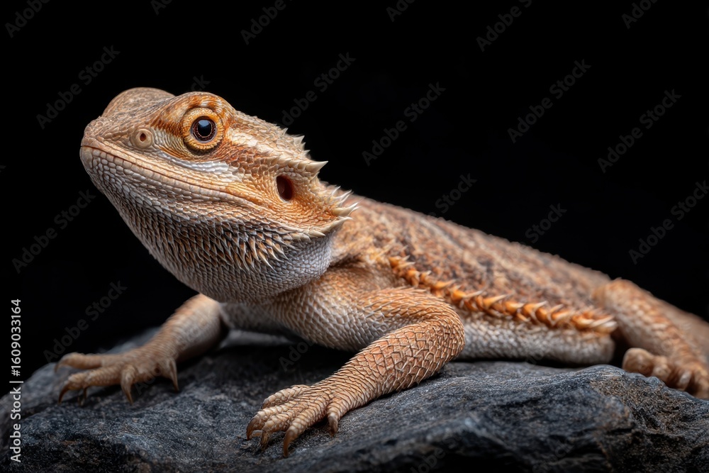 Bearded dragon on the rock with black background
Bearded dragon on the rock with black background
