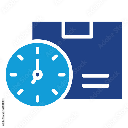 Delivery Time Glyph Blue Silhouette Icon Vector Design - Clock overlaying a package, symbolizing shipping time, delivery schedule, or estimated arrival