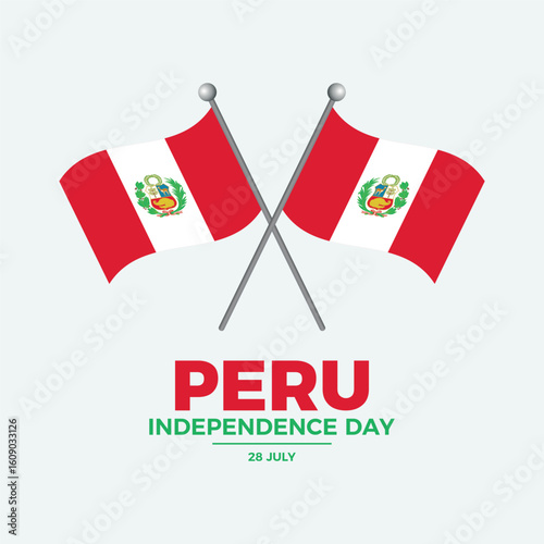 Peru Independence Day poster vector illustration. Two crossed Peruvian flags on a pole icon. Waving flag of Peru symbol. Template for background, banner, card. 28 July every year. Important day