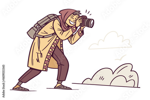 Joyful traveler captures scenic beauty with professional camera while exploring outdoor landscape