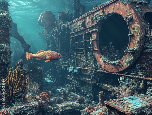 Fish exploring a submerged shipwreck rusted metal and coral growth creating an intriguing historical marine scene