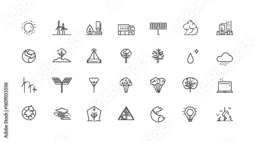 Set of 30 Minimalist Black and White Environmental Protection Icon Line Drawings, Illustrating Eco-Conscious Concepts on a Clean White Canvas