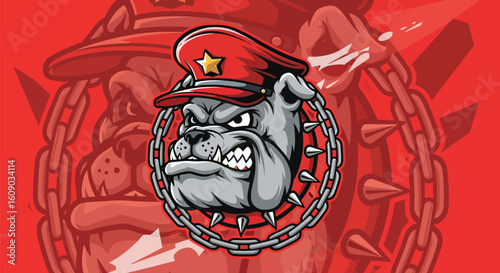 Angry Bulldog Mascot with Military Cap and Chain