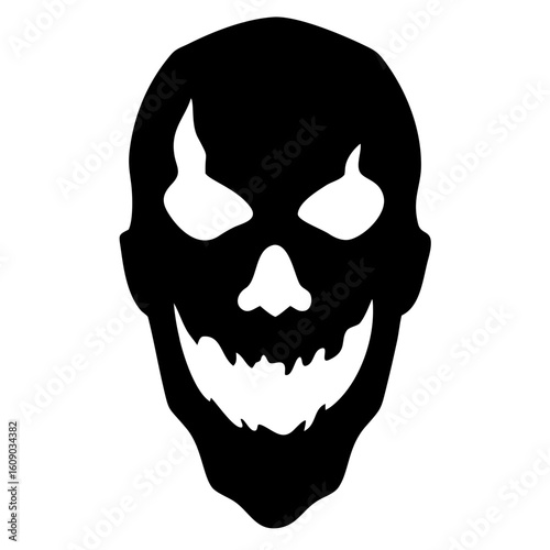 Spooky grinning skull silhouette for Halloween designs and ghoulish themes, perfect for creepy party invitations and scary seasonal promotions