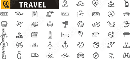 Travel outline icon set. Includes airplane, passport, luggage, car, hotel, map, beach, and vacation elements.

