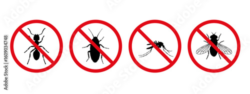 Set of prohibited insect sign icon illustration, mosquito, ant, fly, and cockroach