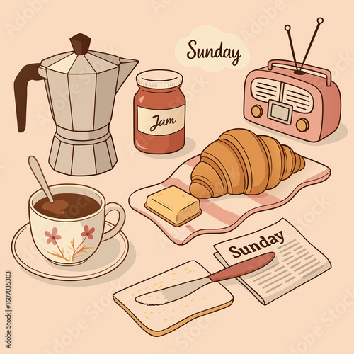Cozy Sunday breakfast vector illustration with croissant, coffee, moka pot, butter, jam, radio, and newspaper. Warm vintage style perfect for weekend morning vibes and design projects.