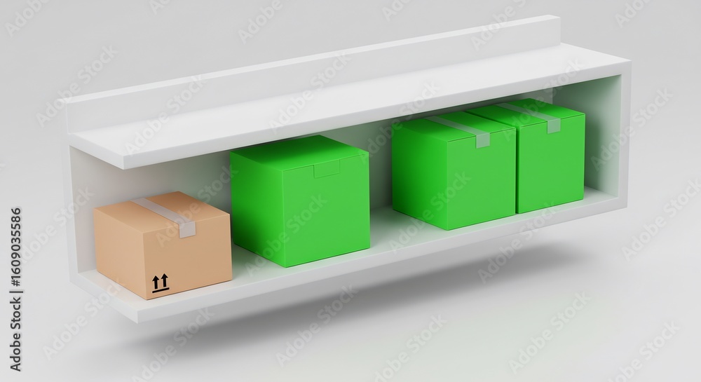 Obraz premium Minimalist White Shelf with Cardboard and Green Storage Boxes in Modern Interior