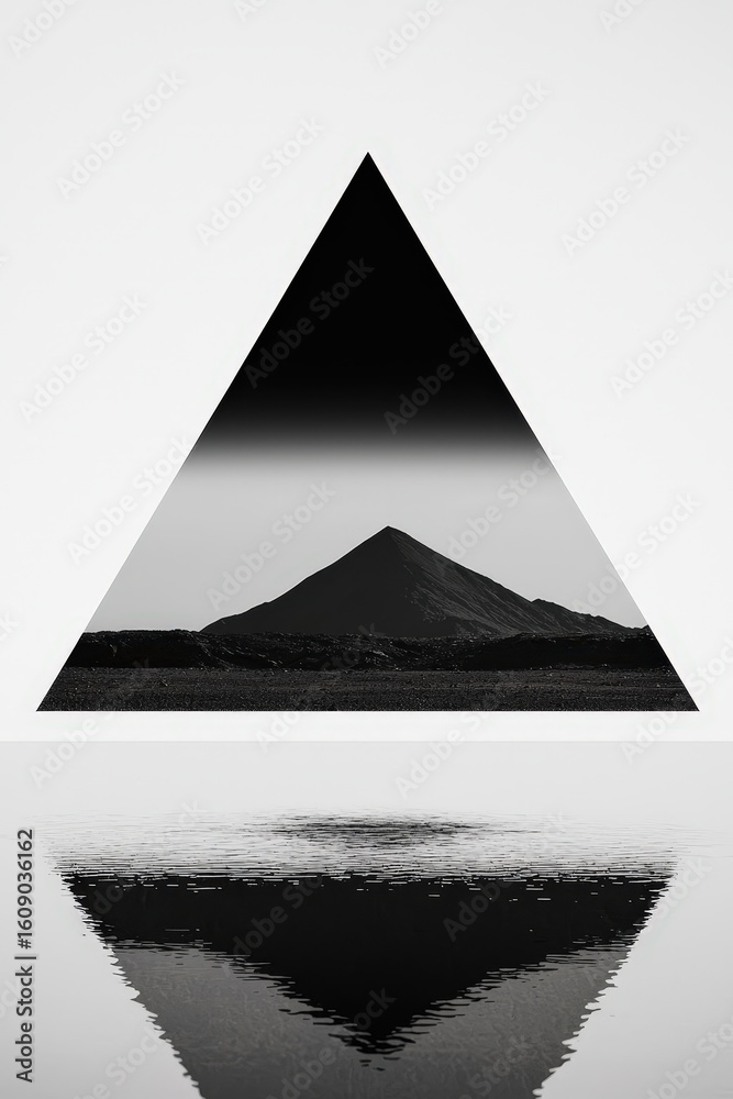 Fototapeta premium Black and White Geometric Mountain Reflection in Triangular Frame