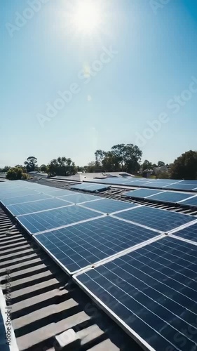 Solar panels installed on rooftop under bright sun in clear sky  