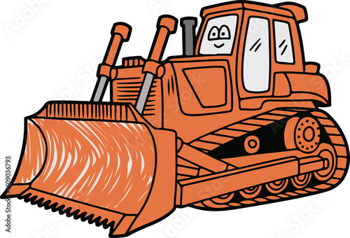 bulldozer, seemingly with a friendly face, is ready to start its work. Crayon chalk style Transparent png vector