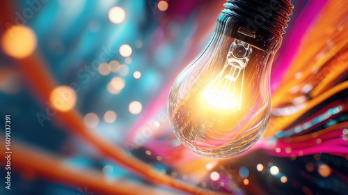 A glowing light bulb surrounded by a vibrant explosion of colorful abstract elements, with soft-focus bokeh lighting
