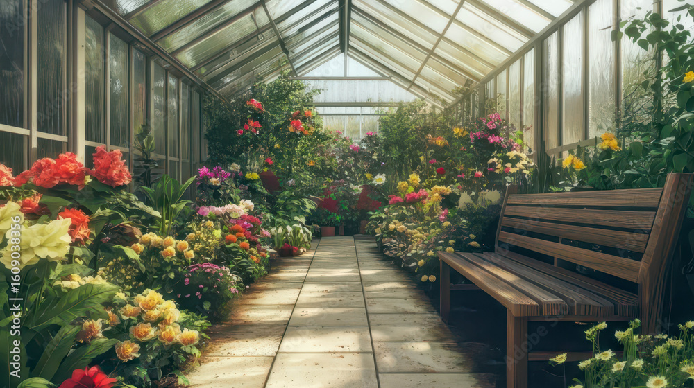 Fototapeta premium Vibrant greenhouse filled with colorful flowers and plants. A wooden bench is placed along the stone pathway