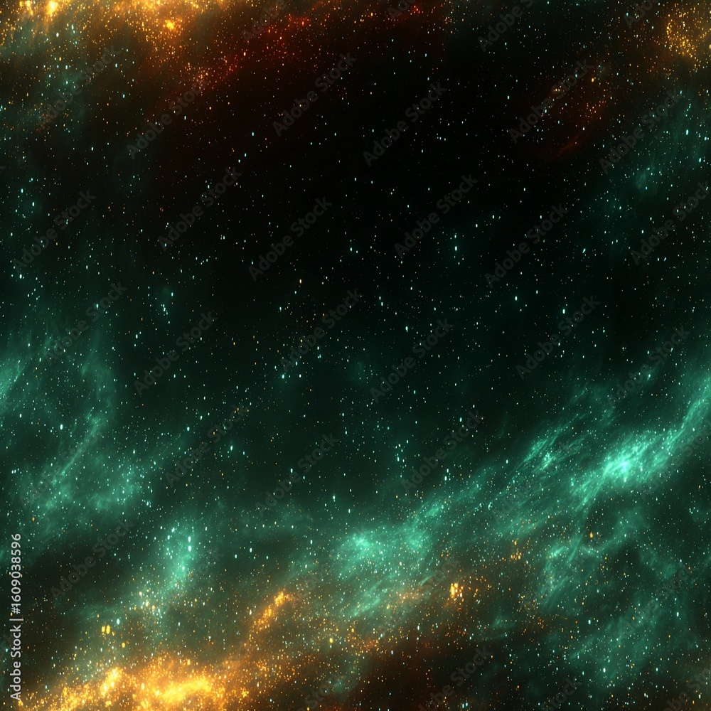 Fototapeta premium Textured space backdrop with vibrant yellow-orange and blue-green nebula clouds, dotted with tiny stars