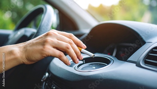 A hand holding a lit cigarette over a car's ashtray (1)