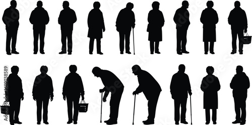 Silhouette illustration, elderly individuals, walking canes, shopping baskets, senior lifestyle, healthcare concept, aging mobility, support aid, independent living, retirement age