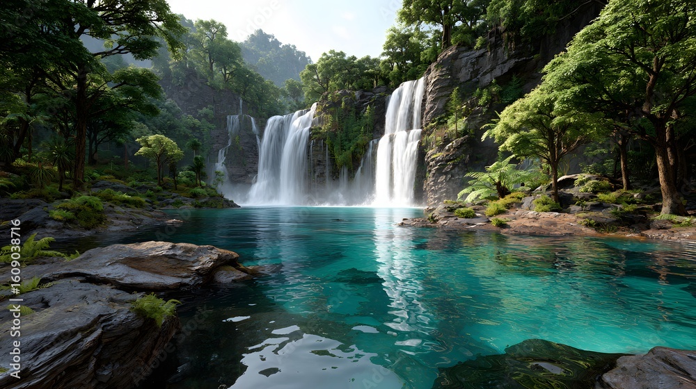 Fototapeta premium Breathtaking Waterfall Cascading into Clear Blue Pool Surrounded by Lush Tropical Forest