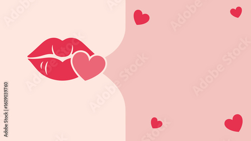 Kissing lips with heart in minimalist pink Valentine vector background with copy space