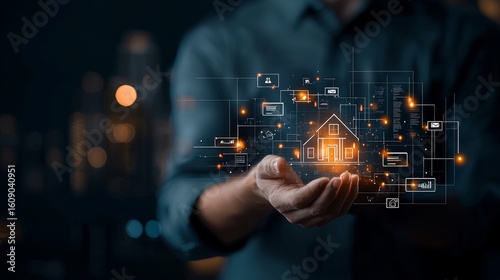 Digital home management solutions urban setting graphic visualization modern technology close-up view innovation in real estate