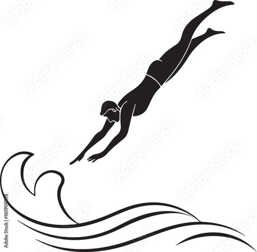 Silhouette of a diver jumping into water during a summer sport activity isolated on transparent background