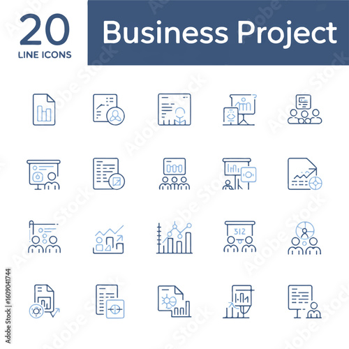 A set of 20 business project line icons arranged in a 5x4 grid format.