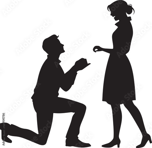 Man proposing to woman in romantic silhouette scene isolated on transparent background